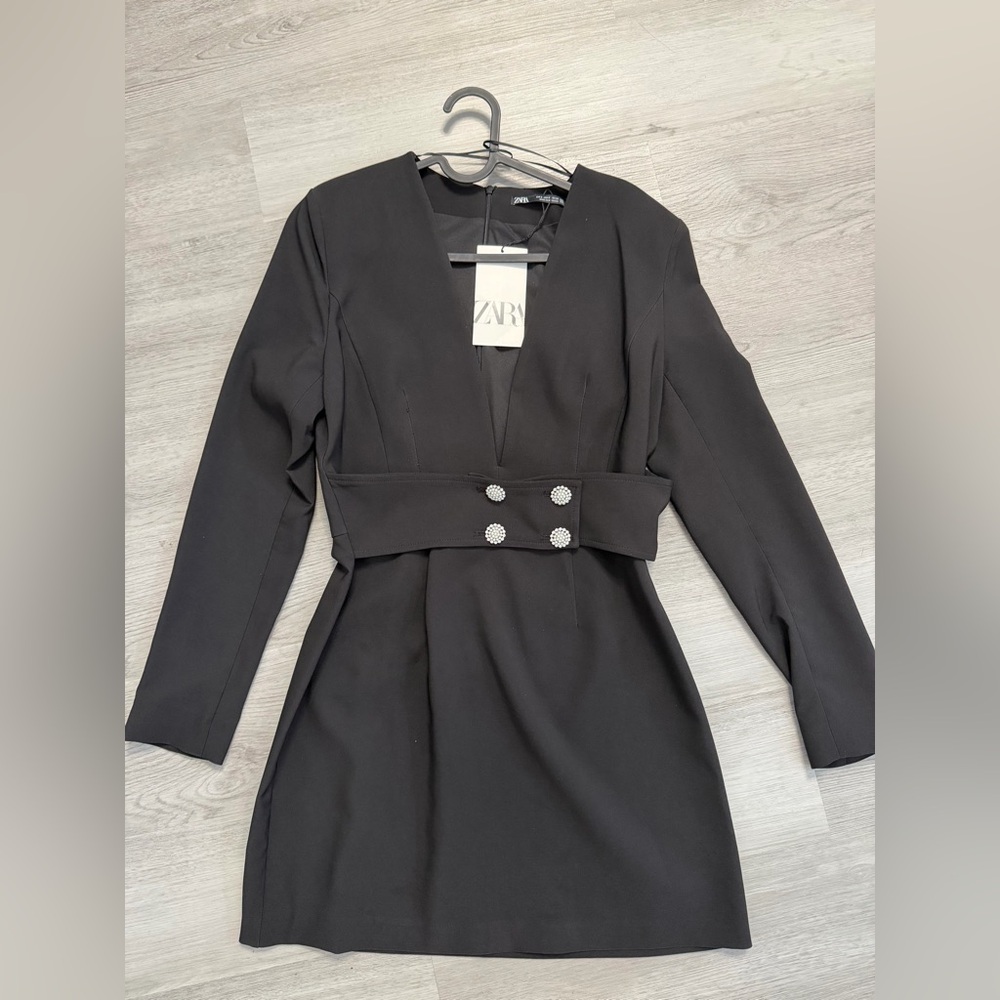 ZARA Black Blazer Dress Crystal Buttons | Size S | New with Tags